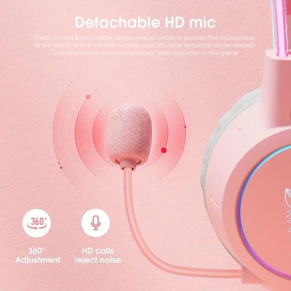Накладные игровые наушники Onikuma X15 Pro проводные с гарнитурой и кошачьими ушками и RGB-подсветкой розовые T010071 фото