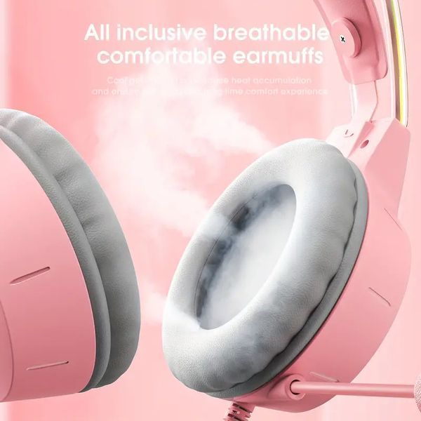 Накладные игровые наушники Onikuma X15 Pro проводные с гарнитурой и кошачьими ушками и RGB-подсветкой розовые T010071 фото