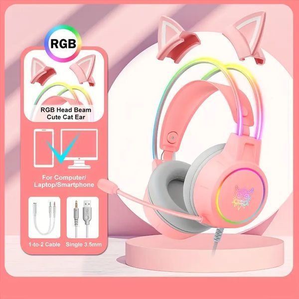 Накладные игровые наушники Onikuma X15 Pro проводные с гарнитурой и кошачьими ушками и RGB-подсветкой розовые T010071 фото