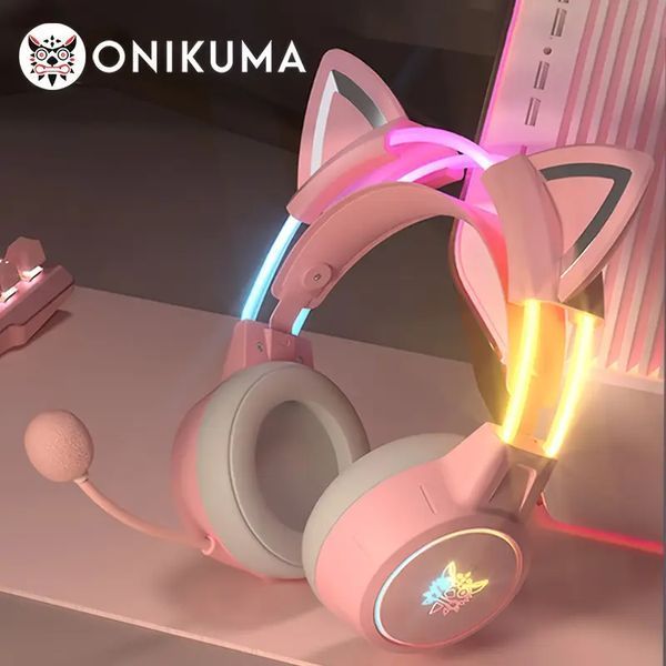 Накладные игровые наушники Onikuma X15 Pro проводные с гарнитурой и кошачьими ушками и RGB-подсветкой розовые T010071 фото
