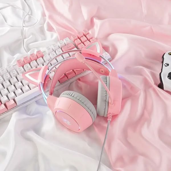 Накладные игровые наушники Onikuma X15 Pro проводные с гарнитурой и кошачьими ушками и RGB-подсветкой розовые T010071 фото