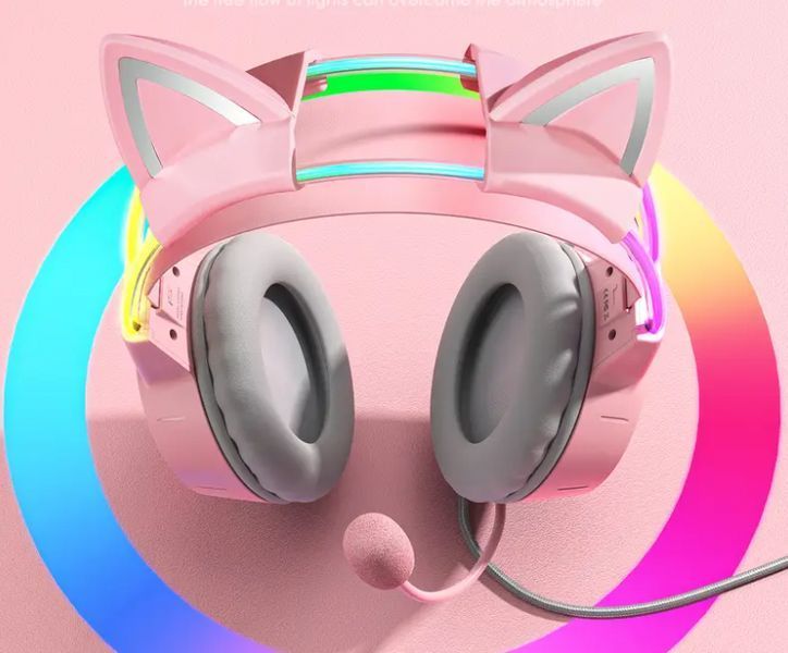 Накладные игровые наушники Onikuma X15 Pro проводные с гарнитурой и кошачьими ушками и RGB-подсветкой розовые T010071 фото