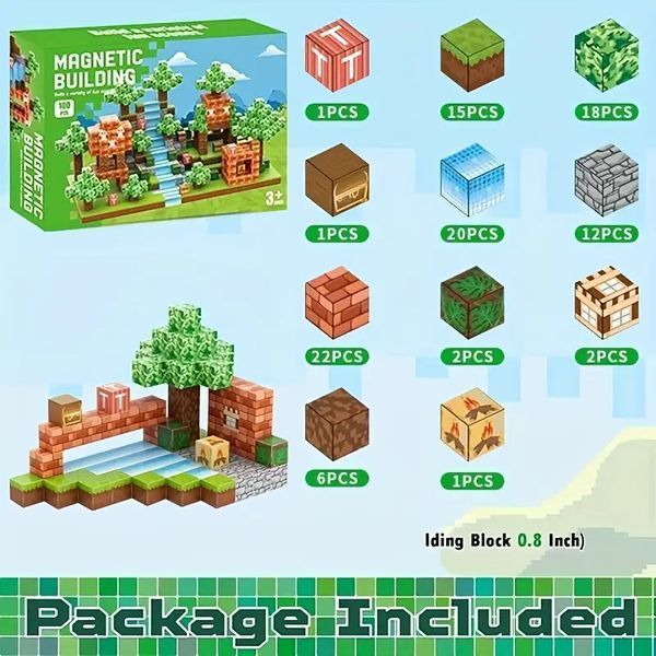 Магнитный конструктор Minecraft 100 шт + ПОДАРОК 3 фигурки по игре детский Майнкрафт лес и водопад Mk001006 Mk001006 фото