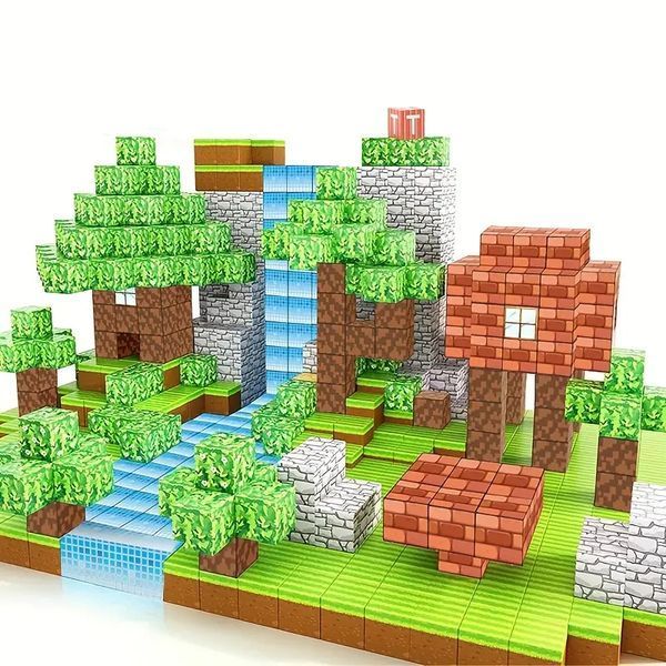 Магнитный конструктор Minecraft 100 шт + ПОДАРОК 3 фигурки по игре детский Майнкрафт лес и водопад Mk001006 Mk001006 фото