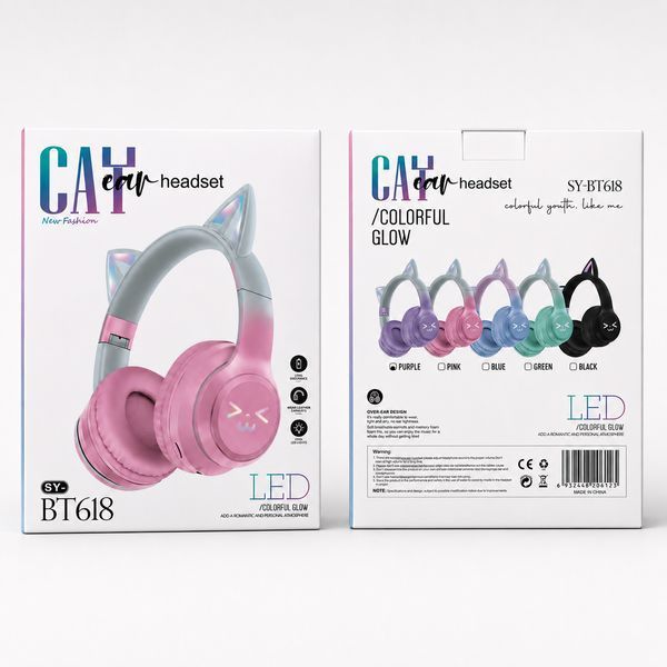 Детские беспроводные наушники CATEAR BT618 с ушками и RGB-подсветкой Bluetooth розовые T010064 фото